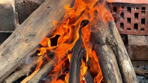 Bright flames burning through stacked firewood logs in an outdoor fire pit. Video stock 346055750