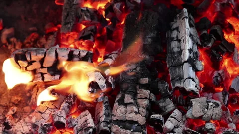 Bright flames of fire over hot coals. Loop. Slow motion. Soft focus. Stock Footage 296153235