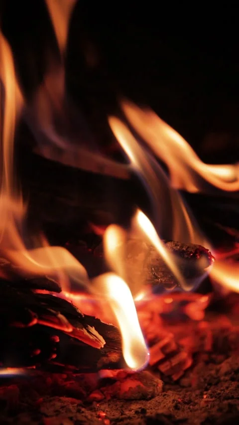 Bright flames lick the logs creating glowing red embers and a warm Stock Footage 327158328