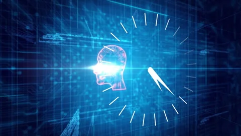 Bright flare emerging causing icons drifting as rotating clock encircling neon Stock Footage 312253130