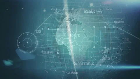 Bright flare emerging initiating grid forming around rotating wireframe globe Vídeo Stock 313294932