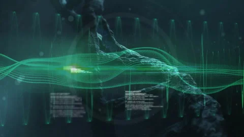 Bright flare emerging from left lighting waveform below rotating 3D helix, Stock Footage 313307239