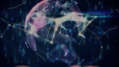 Bright flash activating drifting polygons forming spinning dotted digital globe Stock Footage 312416897