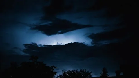Bright flashes of light from lightning in the night sky. A night thunderstorm Stockbeeldmateriaal 246345540