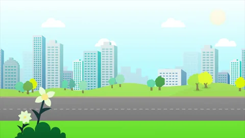 Bright Flat Vector City Loop with Flowers and Hills Stock Footage 333268033