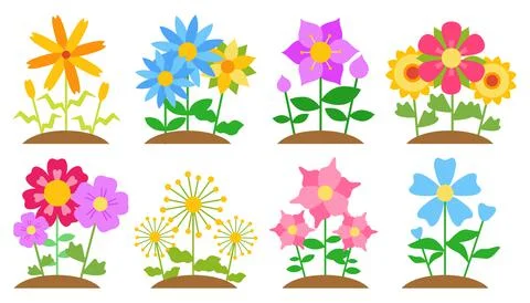 Bright flat vector flowers in the ground for cards Stock Illustration