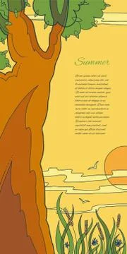 Bright flat vector natural background. Four seasons. Countryside location at hot Stock Illustration