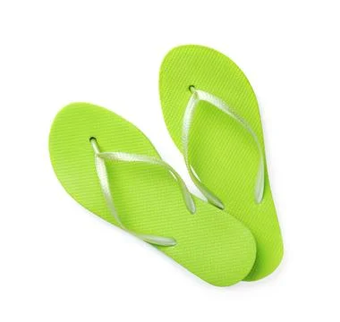 Bright flip flops on white background, top view. Beach accessories Stock Photos