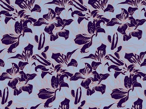 Bright Floral Colored Seamless Pattern of Lily Flower, Buds and Leaves. Stock Illustration