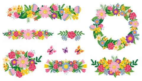 Bright floral composition set with garden rose and other flowers. Floral divi 스톡 일러스트