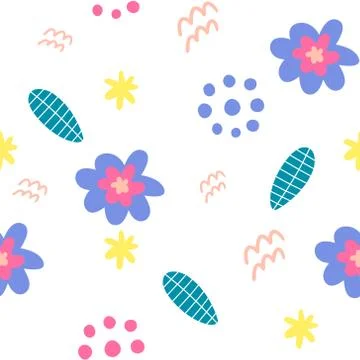 Bright floral decorative pattern. Blue and pink flowers, dots and springs Stock Illustration