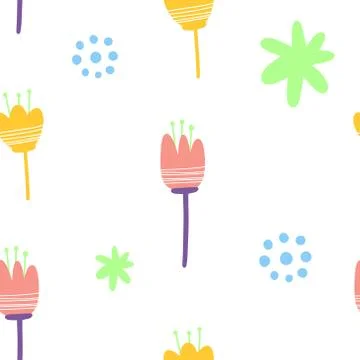 Bright floral decorative pattern. Blue and pink flowers, dots and springs Stock Illustration