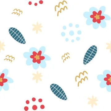 Bright floral decorative pattern. Blue and pink flowers, dots and springs Stock Illustration
