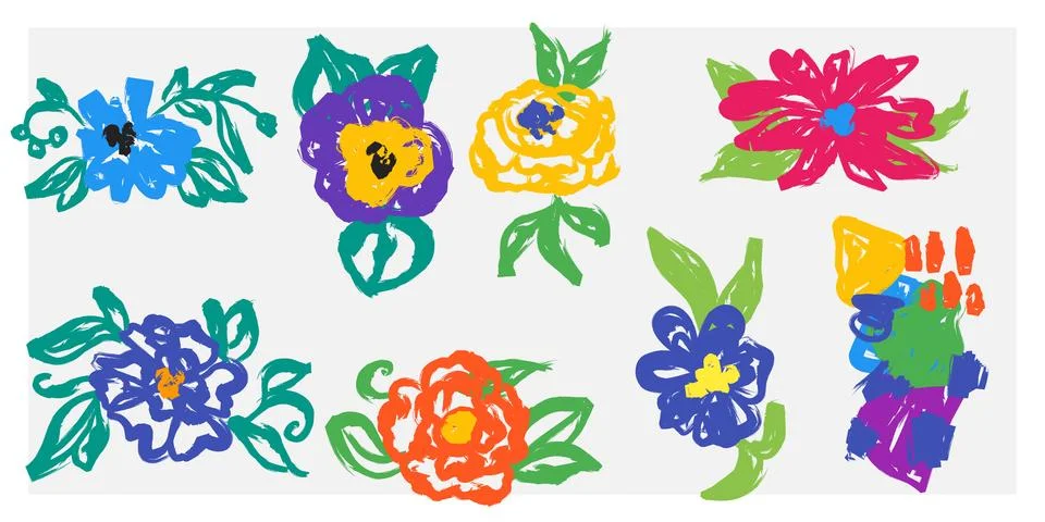 Bright floral elements in expressive sketch technique. Abstract brushstrokes, Stock Illustration