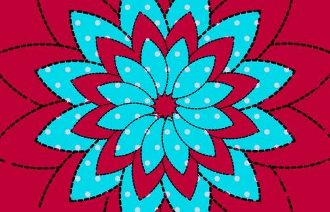 Bright Floral Mandala Pattern With Blue Polka-Dot Petals On Red Background,.. 스톡 일러스트