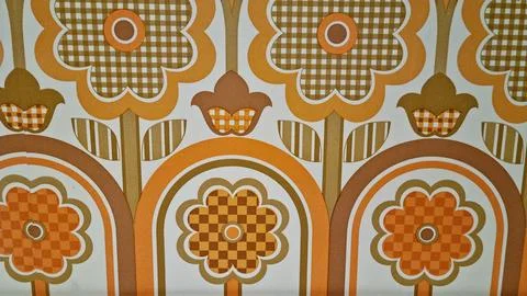 Bright floral pattern with geometric design in orange and brown tones on wa.. Stock Photos