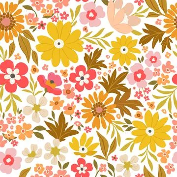 A bright floral pattern of large yellow, red and orange flowers on a white .. Stock Illustration