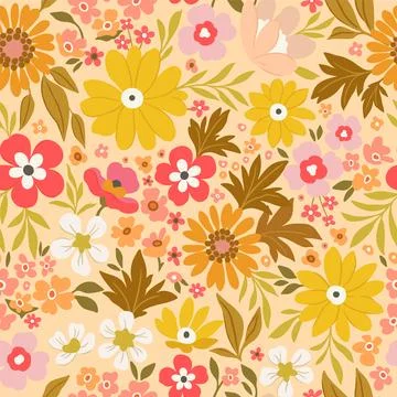 Bright floral pattern of large yellow, red and orange flowers on a yellow bac Stock Illustration