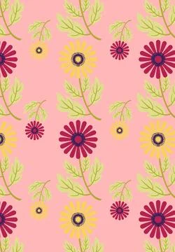 Bright Floral Pattern on Pink Background – Minimal Vintage Style Illustrazione stock