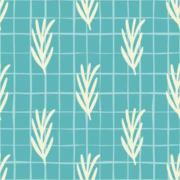Bright floral seamless doodle pattern with white simple rosemary ornament. Bl Illustrazione stock
