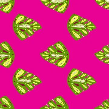 Bright floral seamless pattern with doodle abstract monstera elements. Pink b Stock Illustration
