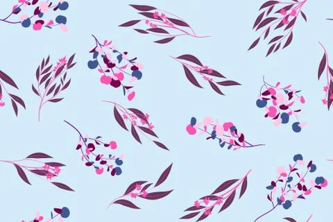 Bright Floral Seamless Pattern. Vector Eucalyptus Leaves and Beautiful Blosso Stock Illustration