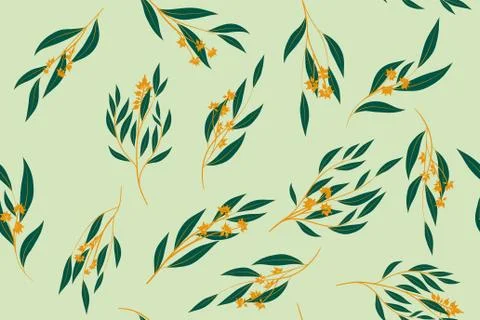 Bright Floral Seamless Pattern. Vector Eucalyptus Leaves and Beautiful Blosso Stock Illustration