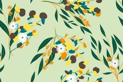 Bright Floral Seamless Pattern. Vector Eucalyptus Leaves and Beautiful Blosso Stock Illustration