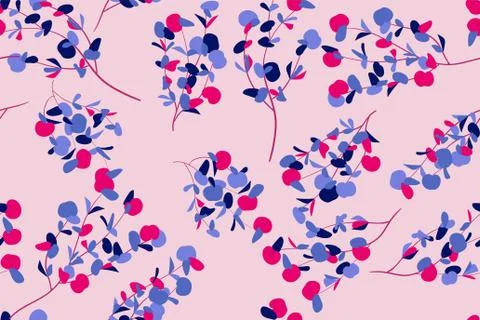 Bright Floral Seamless Pattern. Vector Eucalyptus Leaves and Beautiful Blosso Illustrazione stock