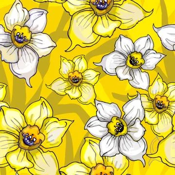 Bright floral seamless pattern with yellow flowers Narcissus, Stock Illustration
