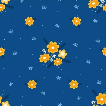 Bright floral seamless pattern with yellow garden flowers on dark blue back.. Stock Illustration