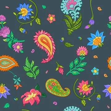 Bright floral seamless vector pattern with indian motives Stock Illustration