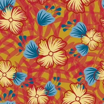 Bright floral seamless vector pattern in red yellow and blue colors Illustrazione stock