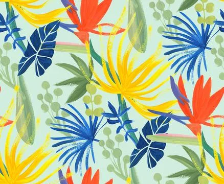 Bright floral tropical pattern without seams drawn in gouache with Strelitzia Stock Illustration