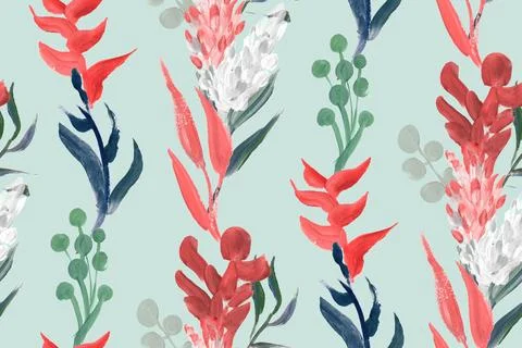 Bright floral tropical pattern without seams drawn in gouache with flower Stock Illustration
