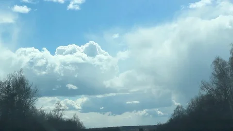 Bright fluffy clouds at blue sky, car ride at wood margin, look up Video stock 75149656