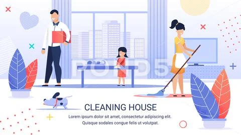 Bright Flyer Inscription Cleaning House, Cartoon. Joyful Family Cleans togeth Stock Illustrationen