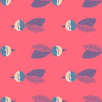 Bright food seamless pattern with radish ornament. Pink and blue tones palett Stock Illustration