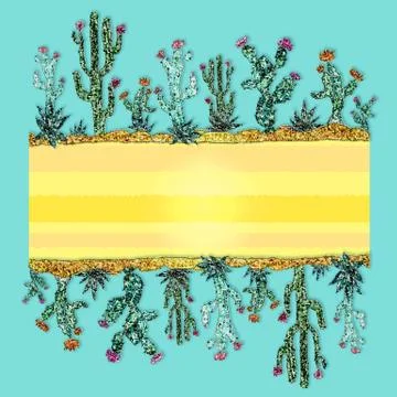 Bright frame of cacti. Mosaic style. Exotic design Stock Illustration