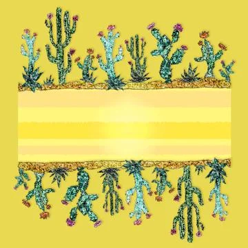 Bright frame of cacti. Mosaic style. Exotic design Stock Illustration