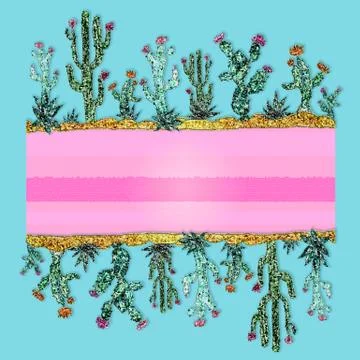 Bright frame of cacti. Mosaic style. Exotic design Stock Illustration