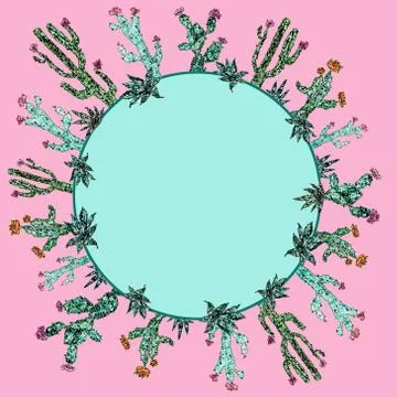 Bright frame of cacti. Mosaic style. Exotic design Stock Illustration