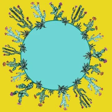 Bright frame of cacti. Mosaic style. Exotic design Stock Illustration