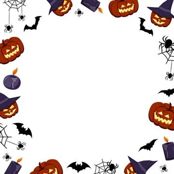 Bright frame on a white background with pumpkins, ghosts, skulls, bats and Stock Illustration
