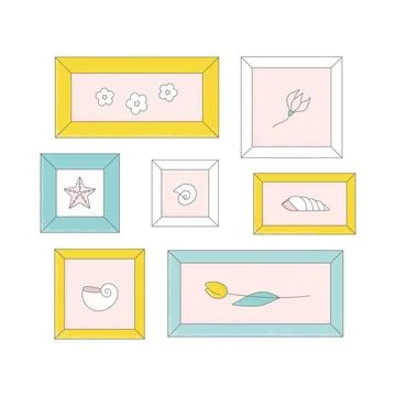 Bright frames on wall. Vector illustration with photo, picture painting art Illustrazione stock