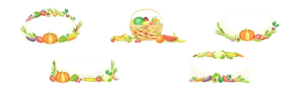 Bright Fruit and Vegetable Frame with Ripe and Fresh Agricultural Cultivar Illustrazione stock