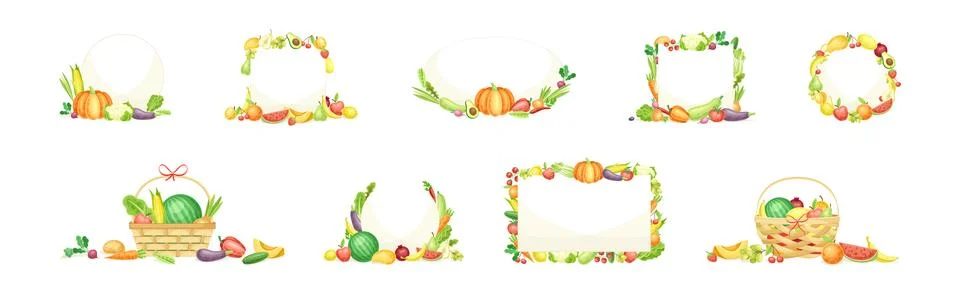 Bright Fruit and Vegetable Frame with Ripe and Fresh Agricultural Cultivar Illustrazione stock