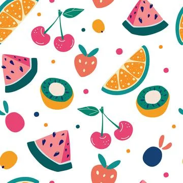 Bright fruit seamless pattern in hand-drawn style. Vector repeat background f Illustrazione stock