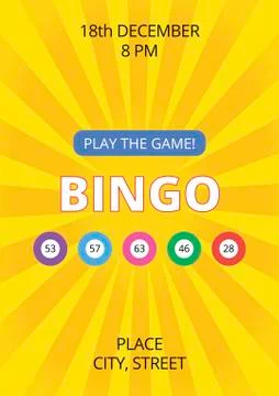 Bright fun bingo poster template with yellow glowing background and balls Stock Illustration