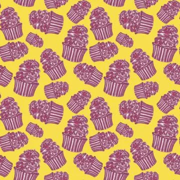 Bright, fun, pattern of purple cupcakes on a yellow trendy background Illustrazione stock